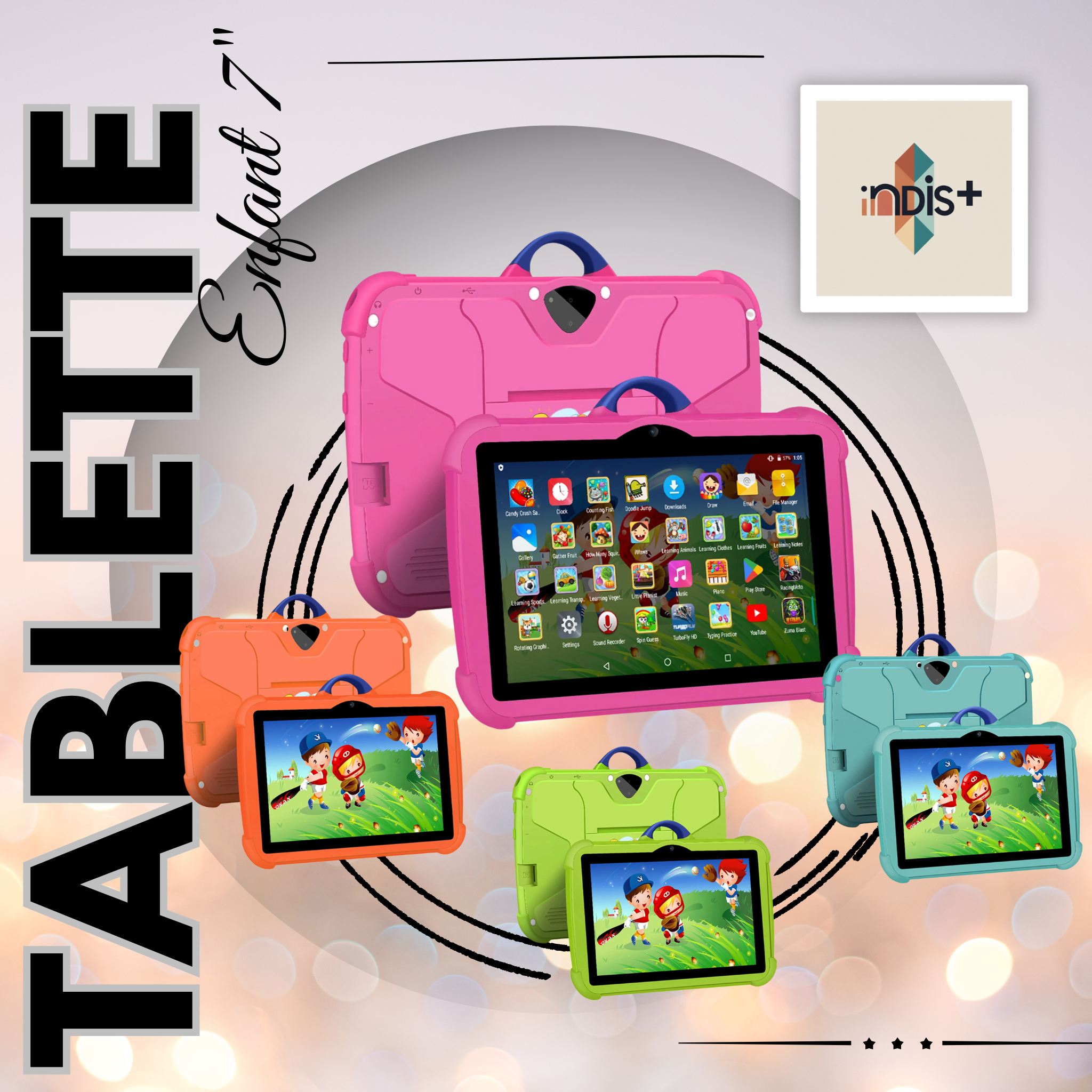 Tablette Enfant 7’'Jeux & Apprentissage, Coque Cartoon Anti-Choc